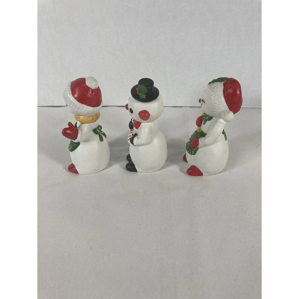 Porcelain Bisque Snowmen Set of 3 Shovel Stocking Candy Cane Vintage Taiwan Xmas